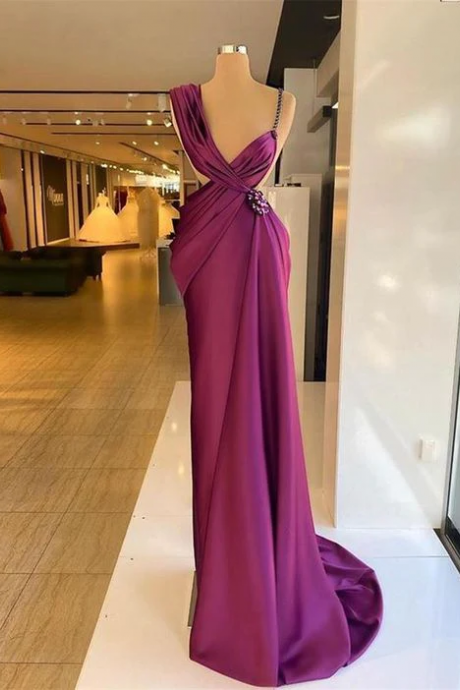 Purple Prom Dresses Beaded Crystals Ruched Pleats Satin Spaghetti Straps Formal Evening Gown