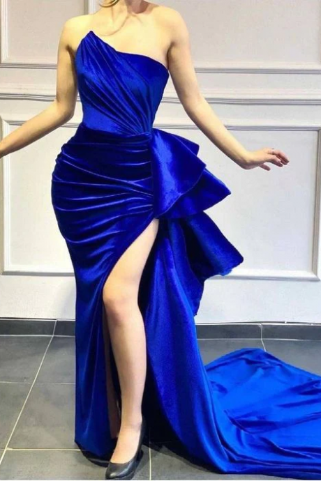 Royal Blue Corset Velvet Dress, Prom Gown With Train, African Wedding Guest Gown, Blue Prom Dress