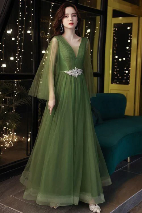 Green evening dress, new style, elegant puffy temperament prom dress