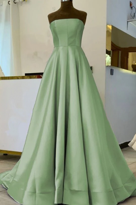 Simple Sage Green Satin Prom Dresses Strapless Floor Length Formal Prom Gown For Bridal Party