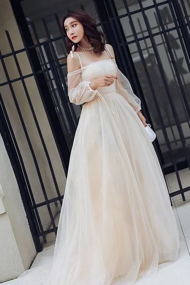 Champagne Summer Prom Dresses Empire Spaghetti Straps Off-the-shoulder Long Sleeve