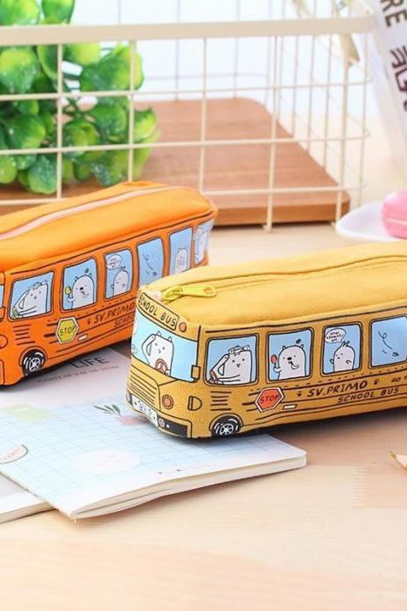 Cartoon Bus Pencil Bag Canvas Large Capacity Car Zipper Pen Pencilcase