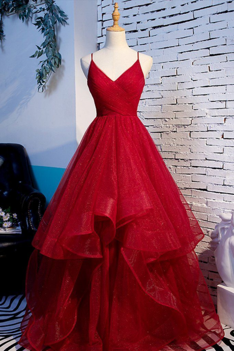 Red Tulle Layered Spaghetti Straps V Neck Lace Up Prom Dress, Evening Dress