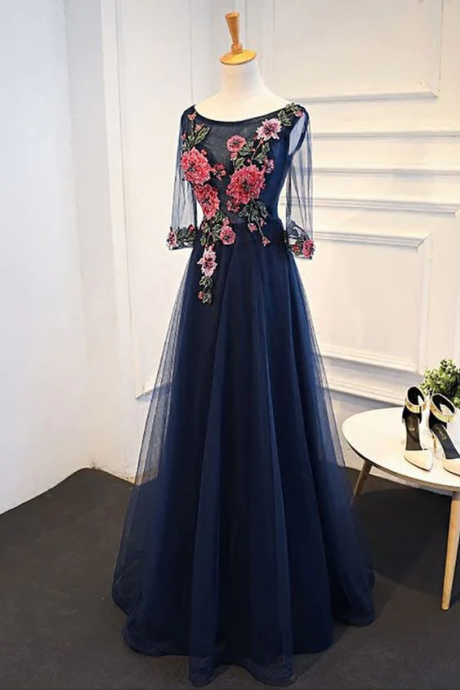 Navy Blue Tulle A-line Flower Appliques Prom Dress With Sleeves