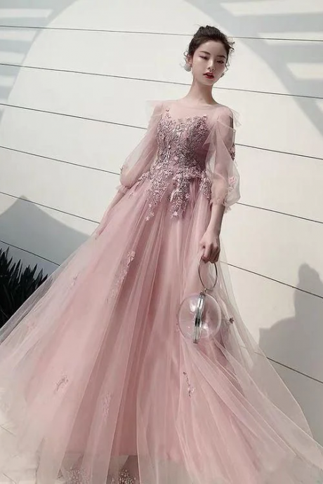 Long Sleeve Evening Dress, Fairy Dream Pink Party Long Prom Dress