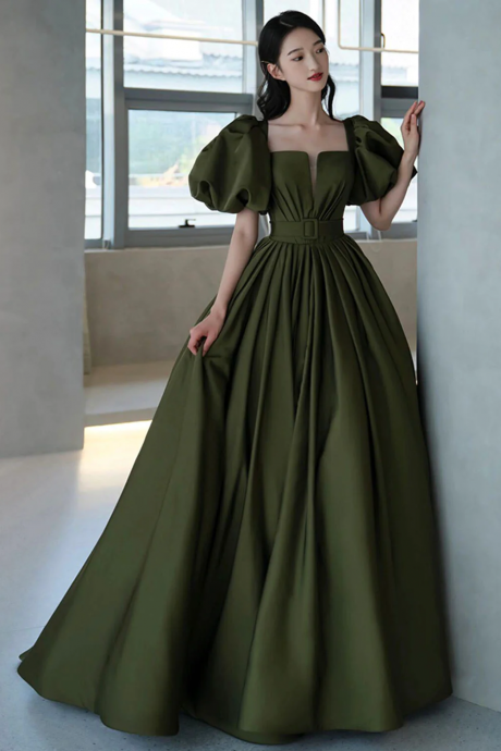 Green Satin Long Prom Dress , Evening Dress