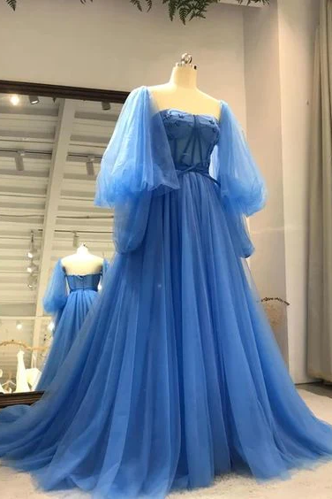 Blue Tulle Fashionable Sweetheart Long Party Prom Dress
