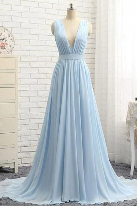 A Line V Neck And V Back Sky Blue Chiffon Long Prom Dresses