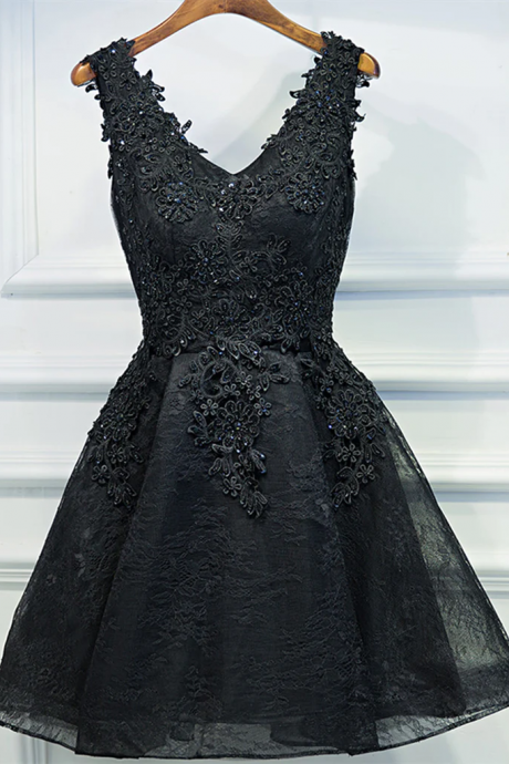 A Line V Neck Short Black Lace Prom Dresses, Black Short Formal Dresses