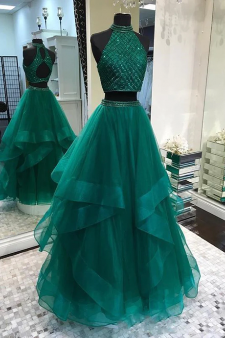 Two Pieces Emerald Green Prom Dress Long, 2 Pieces Green Long Formal Graduation Dresses