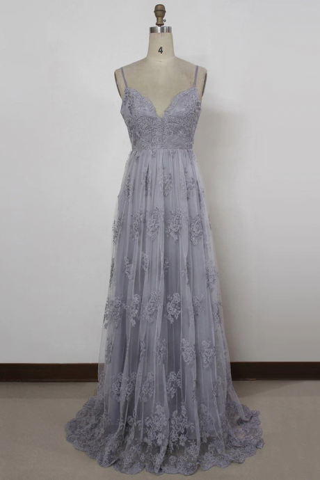 A Line Spaghetti Straps Backless Gray Lace Prom Dresses, Gray Backless Formal Dresses
