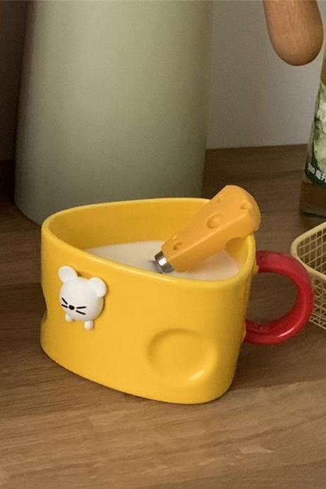 Cute Cheese Yellow Ceramic Mugs Breakfast Tea Milk Coffee Cup With Lid