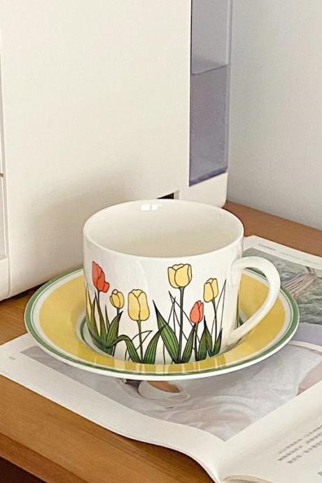 Flower Ceramic Coffee Cup Saucer Breakfast Drinking Milk Latte Tea Cup Vintage Home Decorative Reusable Cup Set