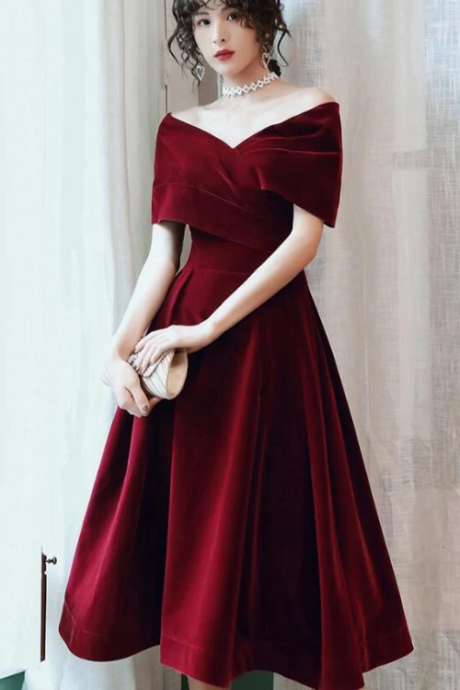 Beautiful Wine Red Velvet Tea Length Party Dress, Bridesmaid Dress