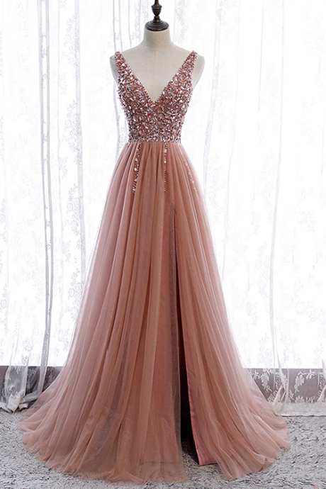 Pink Long Sparkle Beaded Tulle Slit Prom Dress,pink V-neckline Evening Gown