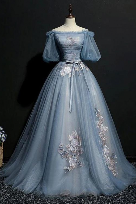 Charming Tulle Puffy Sleeves Long Formal Gown, Prom Dress