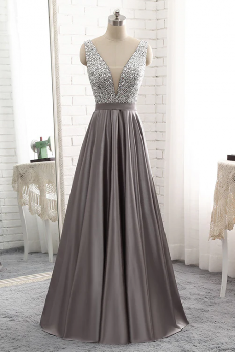 Sparkle Beaded Top With Grey Satin Skirt Long Party Dresses, Grey Prom Dress , Formal Dresses
