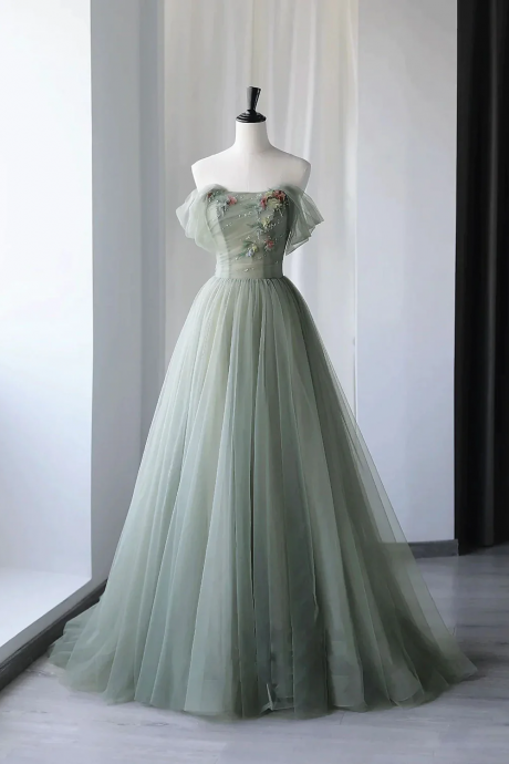 Light Green Sweetheart Beaded And Flowers Party Dress, Tulle Green Formal Dress