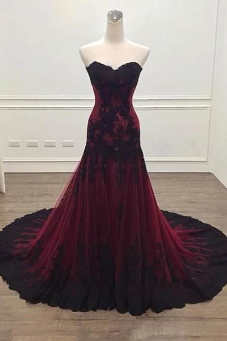 Black And Red Sweetheart Tulle With Lace Glam Evening Gown Party Dress, Long Formal Dress