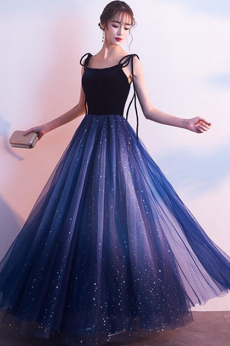 Blue Tulle With Velvet Straps Long Party Dress, Gorgeous Formal Gown