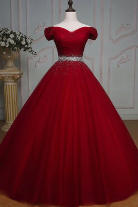 Dark Red Tulle Gorgeous Ball Gown, Burgundy Off Shoulder With Beaded Waist, Pretty Formal Dress
