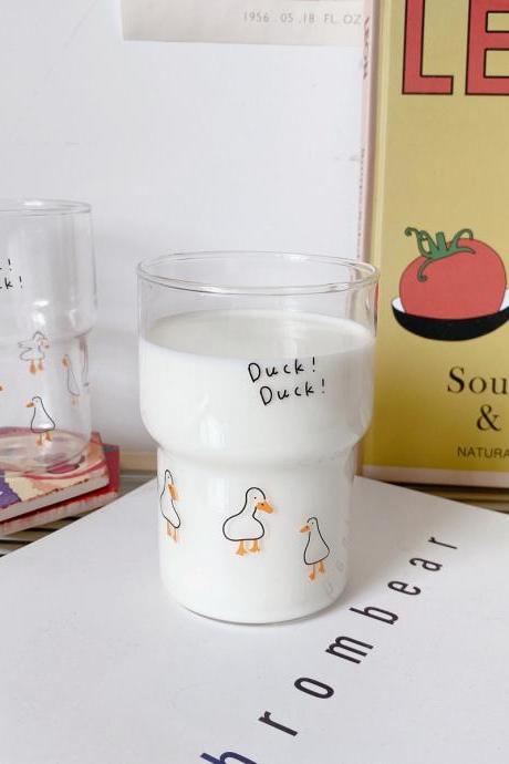 1 Piece Cute Glass Cup with Duck Duckling Prints 390ml Stackable Heat Resistant Drinking Glasses