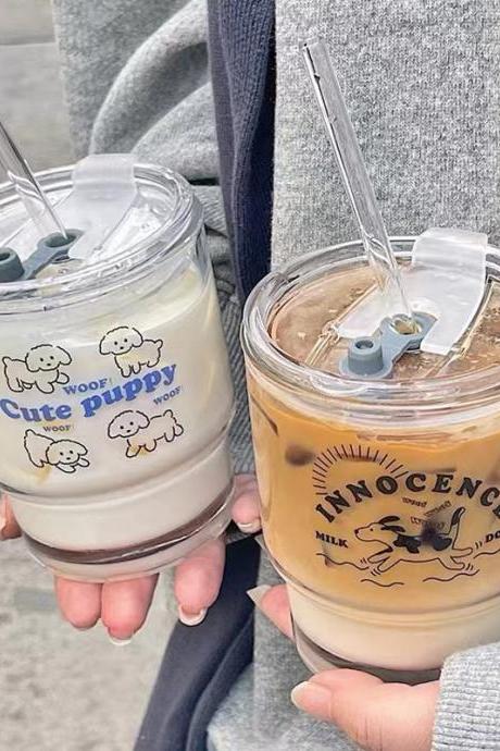 High Capacity Lovely Cartoon Puppy Glass Straw High Value Cold Drink Drinking Cup Coffee Cup Breakfast Cup With Lid
