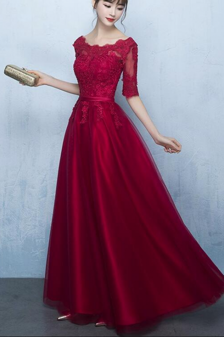 Wine Red 1/2 Sleeves Lace And Tulle Party Dress, Charming Dark Red Formal Gown