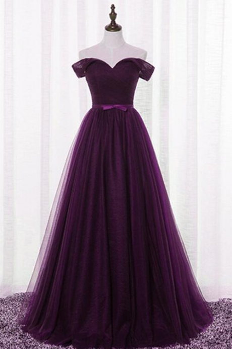 Dark Purple Tulle Off Shoulder Lace-up Formal Gown, Long Senior Prom Dress