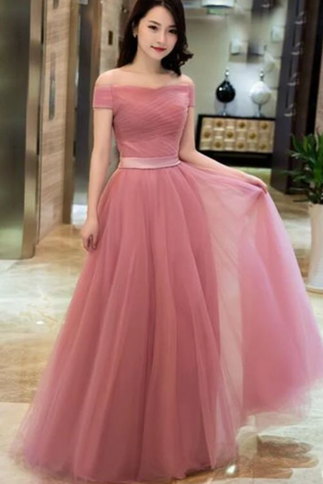 Lovely Pink Off Shoulder Tulle A-line Floor Length Formal Dress, Dark Pink Junior Prom Dress