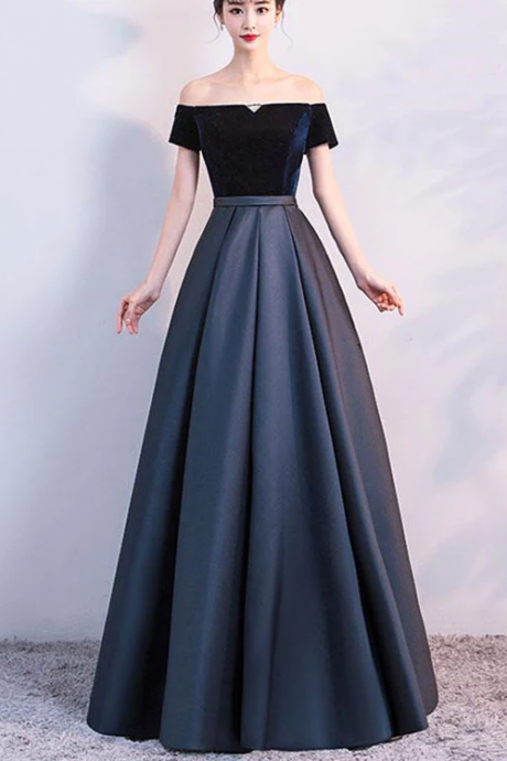 Elegant Velvet And Satin Off Shoulder Floor Length Party Dress, Blue Evening Gowns, Party Dress