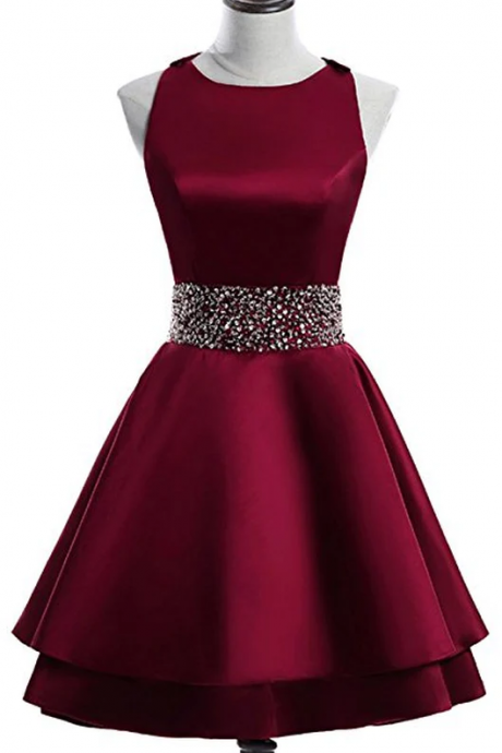 Dark Red Satin Short Two Layered Homecoming Dress, O-neckline Party Dress, Short Formal Dress