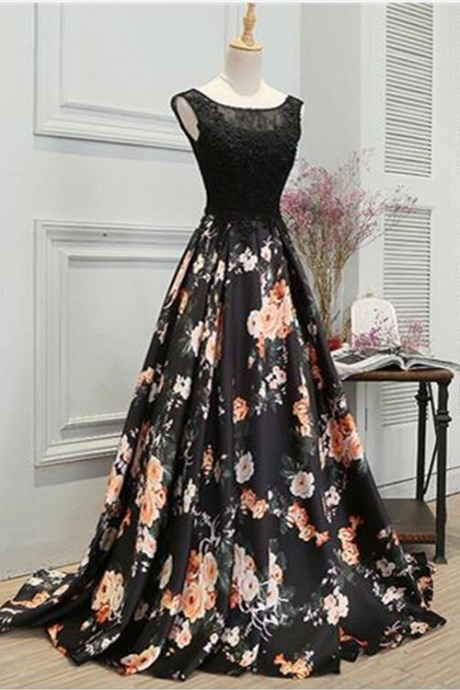 Black Floral Prom Gown, Prom Dress , Party Dresses For