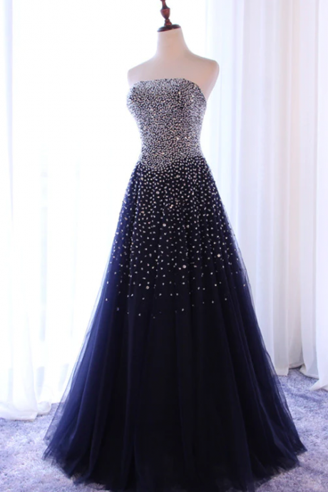 Sparkle Navy Blue Tulle Long Prom Dress, Prom Dresses, Party Dresses