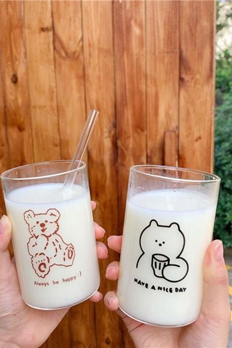 300ml Cute Bear Transparent Glass Cup with Straw