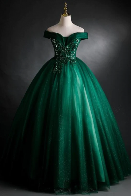 Dark Green Sweetheart Off Shoulder Long Party Dress With Lace Applique, Green Prom Dress