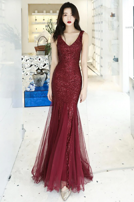 Wine Red Sequins With Tulle Mermaid Party Gown, Burgundy Prom Dress