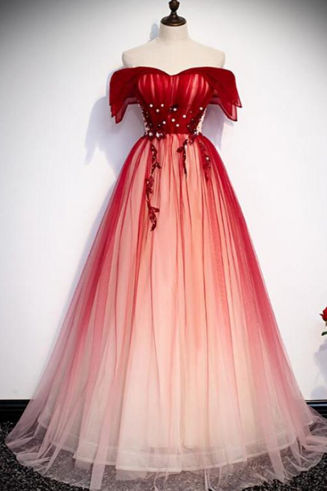 Beautiful Long Red Off Shoulder Tulle Gradient Party Dress, Prom Dress