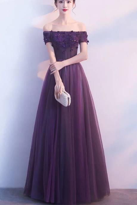Off Shoulder Purple Tulle With Lace Applique Party Dress, Purple Prom Dress
