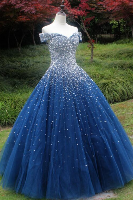 Beautiful Sweetheart Tulle Blue Beaded Formal Dress, Blue Sweet 16 Gown