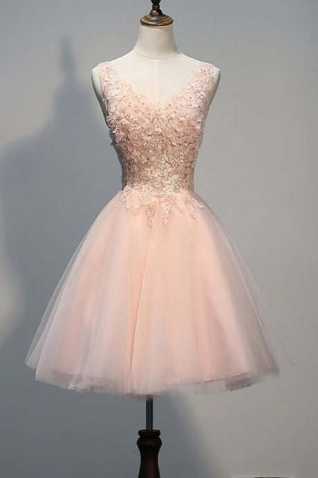 Short Open Back Pearl Pink Homecoming Dresses With Appliques