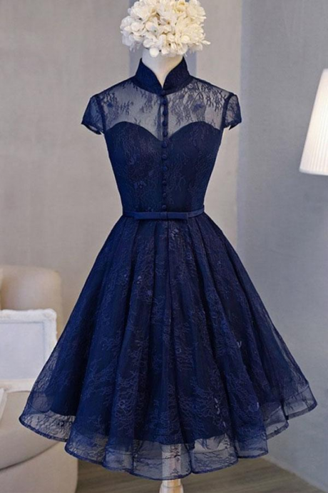 Vintage Navy Blue Cap Sleeves Homecoming Dress Party Dresses