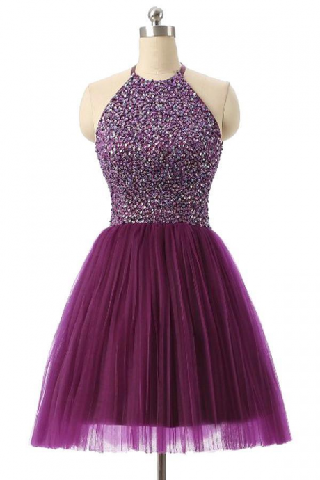 Halter Sleeveless Short Purple Homecoming Dresses Prom Dresses
