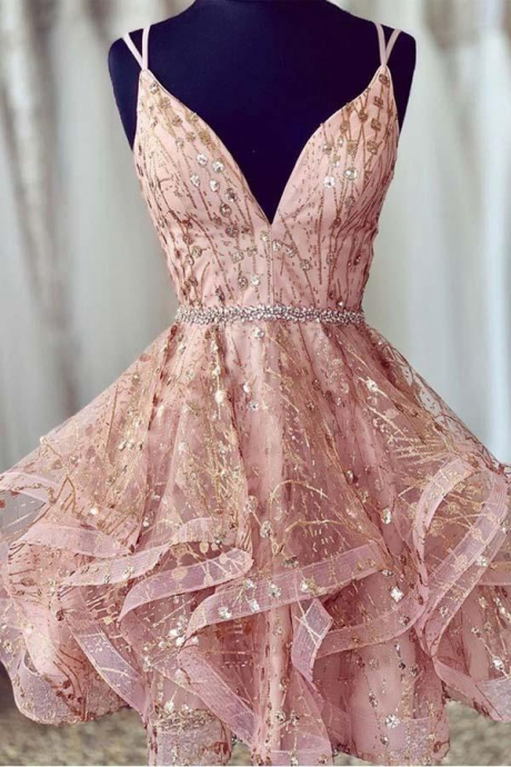 Pink Deep V-neck Homecoming Dress Sequined Short Prom Dress