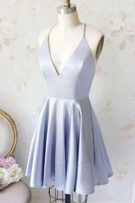 Simple A Line V Neck Light Blue Satin Homecoming Dresses With Pockets