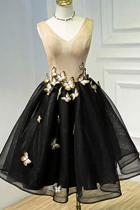 Little Black Homecoming Dress Butterfly V-neck Short Prom Dress