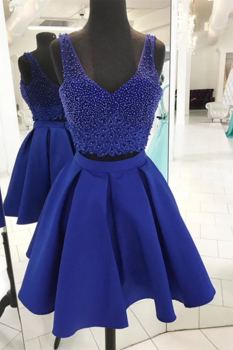 A-line Sweetheart Mini Satin Short Royal Blue Homecoming Dresses With Rhine Stones