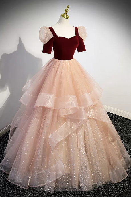 Cute Velvet Tulle Long Prom Dresses, A-line Short Sleeve Evening Dresses