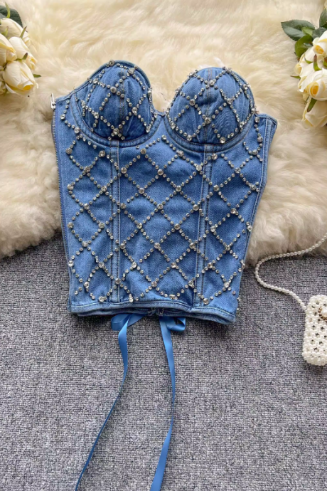 Skinny Sequins Denim Camis For Summer Almighty Casual Sexy Corset Top Womans Chic Tank Tops Women's With Bra Pads