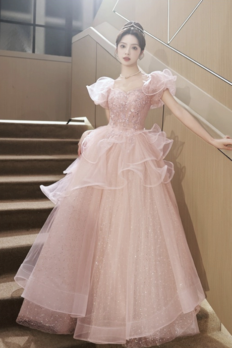 Pink Tulle Sequins Long Prom Dress, Lovely Short Sleeve Evening Dress, Pink Formal Dress